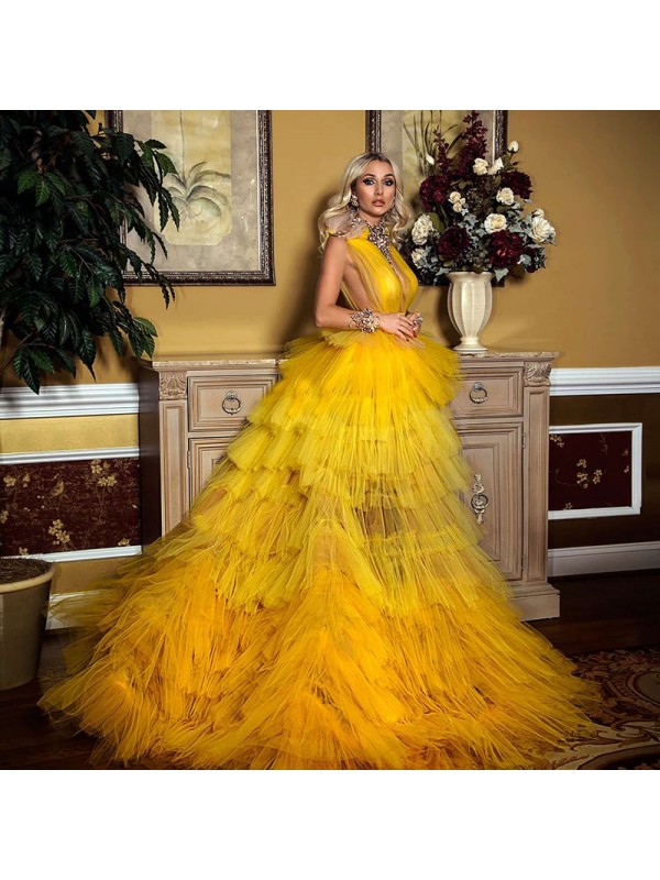 Yellow Layered Prom Dresses Long Sleeveless Double Deep V Neck Tiered Formal Evening Dress Party Short Front Long Back