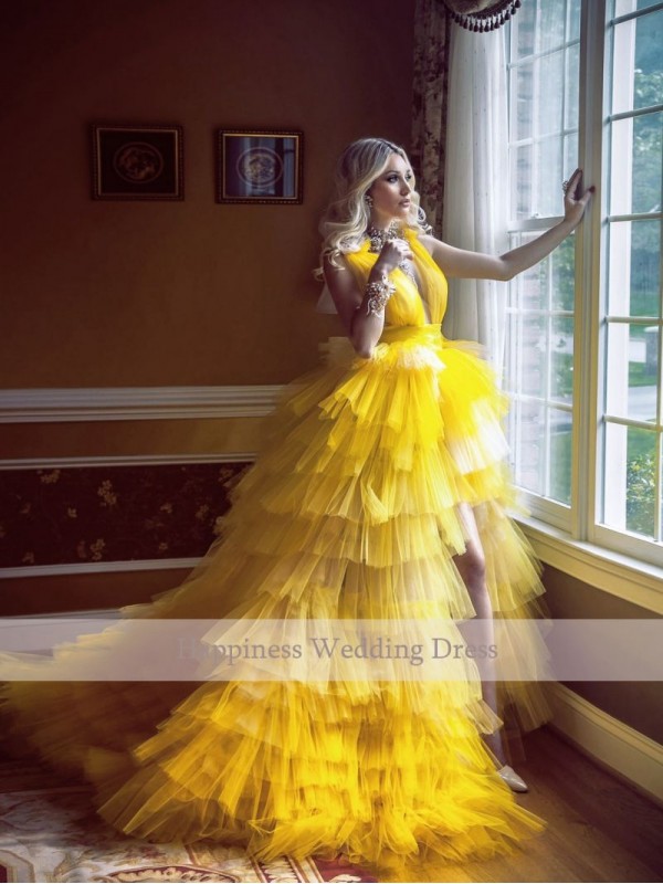 Yellow Layered Prom Dresses Long Sleeveless Double Deep V Neck Tiered Formal Evening Dress Party Short Front Long Back