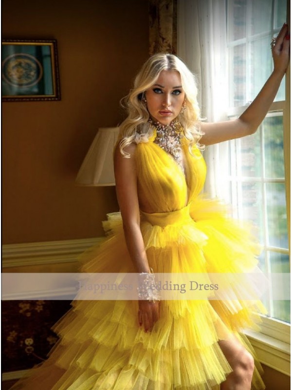 Yellow Layered Prom Dresses Long Sleeveless Double Deep V Neck Tiered Formal Evening Dress Party Short Front Long Back