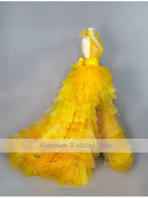 Yellow Layered Prom Dresses Long Sleeveless Double Deep V Neck Tiered Formal Evening Dress Party Short Front Long Back