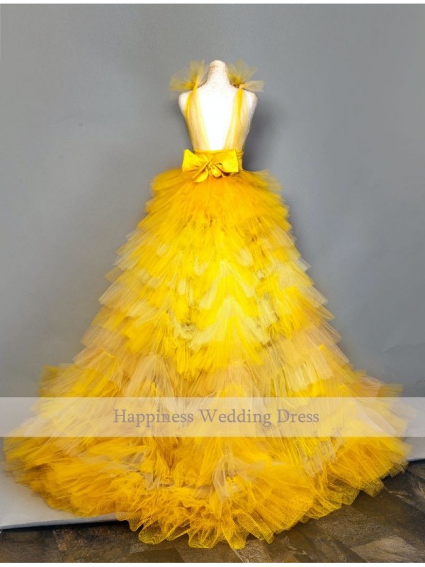 Yellow Layered Prom Dresses Long Sleeveless Double Deep V Neck Tiered Formal Evening Dress Party Short Front Long Back