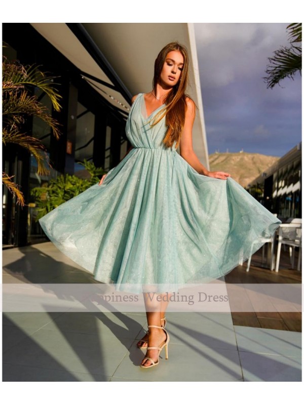 Hot Sale Green V Neck Prom Dresses Simple A Line Sleeveless Tea-Length Glitter Short Evening Party Gowns Homecoming Dresses